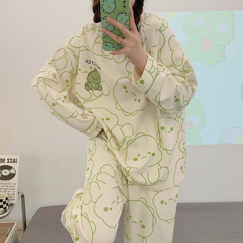 Pajamas for women in spring and autumn long sleeves thin milk silk cute cartoon two-piece set casual home clothes