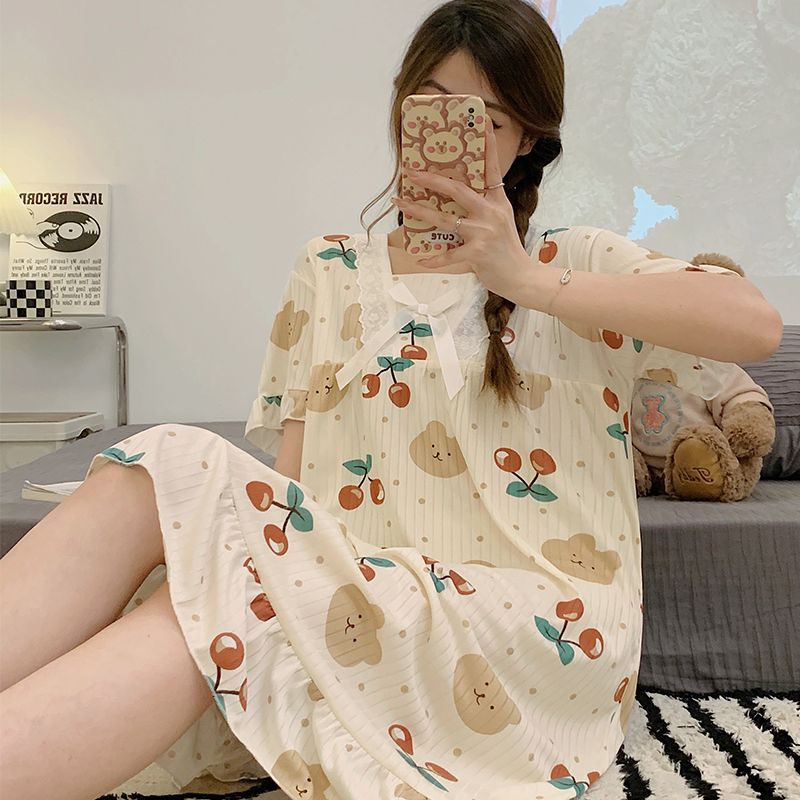 Summer milk silk pit strip lace lace square collar short-sleeved nightgown women's home clothes body dress