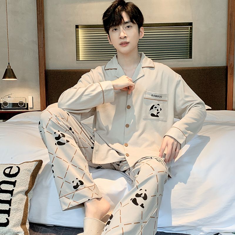 Spring and Autumn Pure Cotton Men's Lapel Cardigan Long Sleeve Pajamas Men's Set Casual Home Clothing