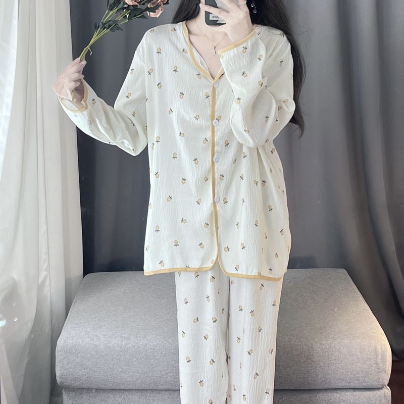Spring and autumn ins style pajamas women long sleeves long trousers cartoon small lapel cardigan cloud cotton home clothes women's suit