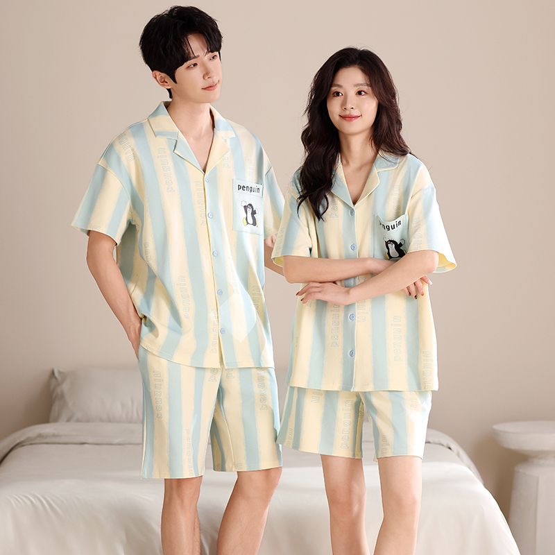 Summer pure cotton couple lapel cardigan shorts shorts pajamas men and women's suits home clothes
