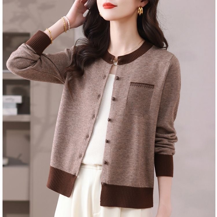 Cardigan women's knitted casual cardigan spring and autumn design contrast color Angora red sweater jacket top