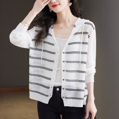 Ice silk sunscreen knitted cardigan middle-aged women's thin mulberry silk striped hoodie top with loose coat for women