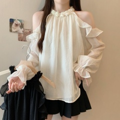 Real shot-2025 spring new large-size fat MM ruffle off-shoulder pure sweet age-reducing lean and delicate top