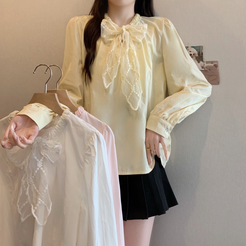 Real shot-2025 large-size women's spring new style fat MM Korean simple temperament slim lace scarf shirt