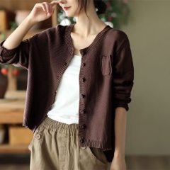 2025 early spring loose solid color round neck versatile commuter Korean version knitted sweater single-breasted cardigan jacket for women