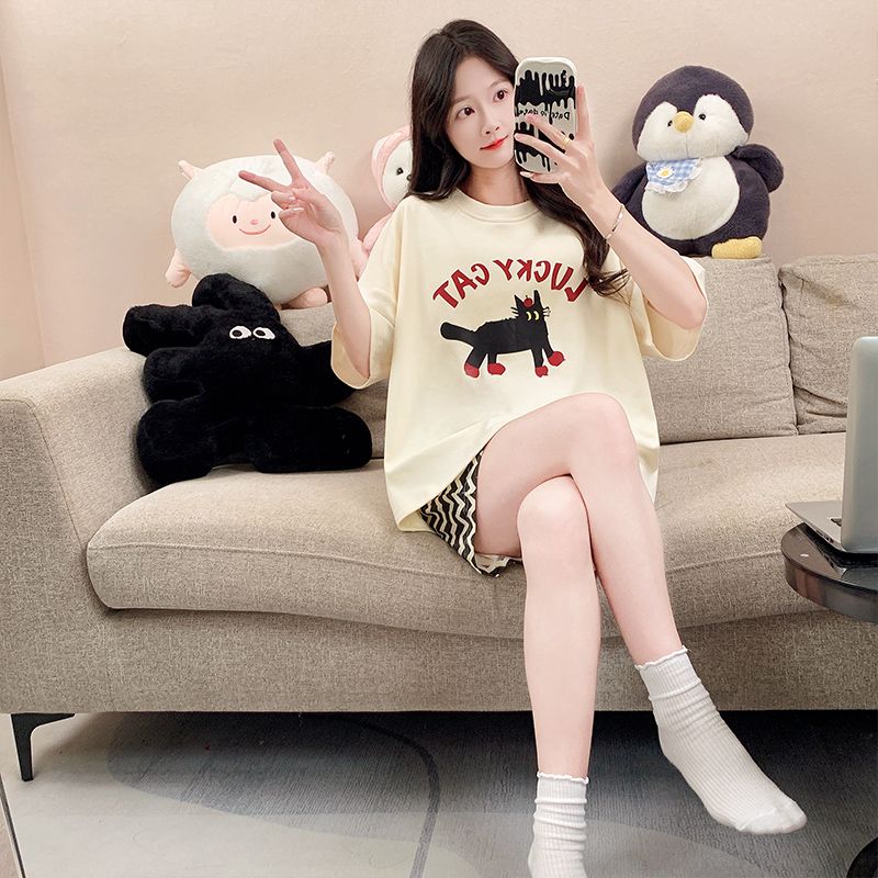 Summer tie-up imitation cotton round neck short sleeve shorts pajamas women's suit casual and comfortable home clothes