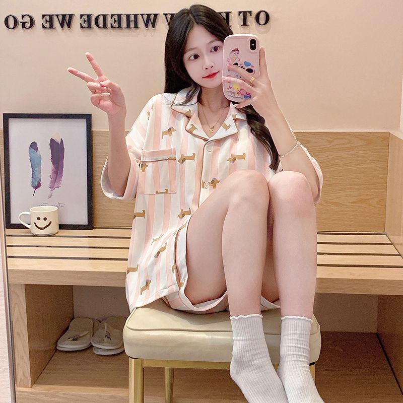 Summer imitation cotton men's round neck short sleeve shorts pajamas men's suit casual home clothes