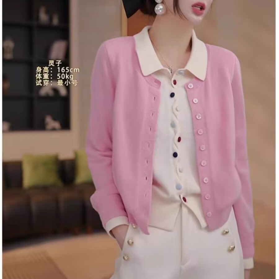 Fashionable and fashionable lapel contrasting color fake two-piece knitted cardigan for women in winter color button shirt fashionable and elegant cashmere sweater