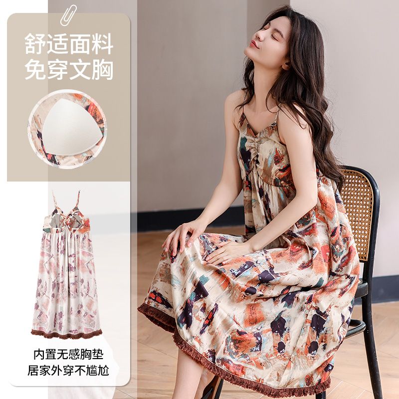 Summer ice and snow ribbon chest pad sexy suspender nightgown women's home dress dress dress