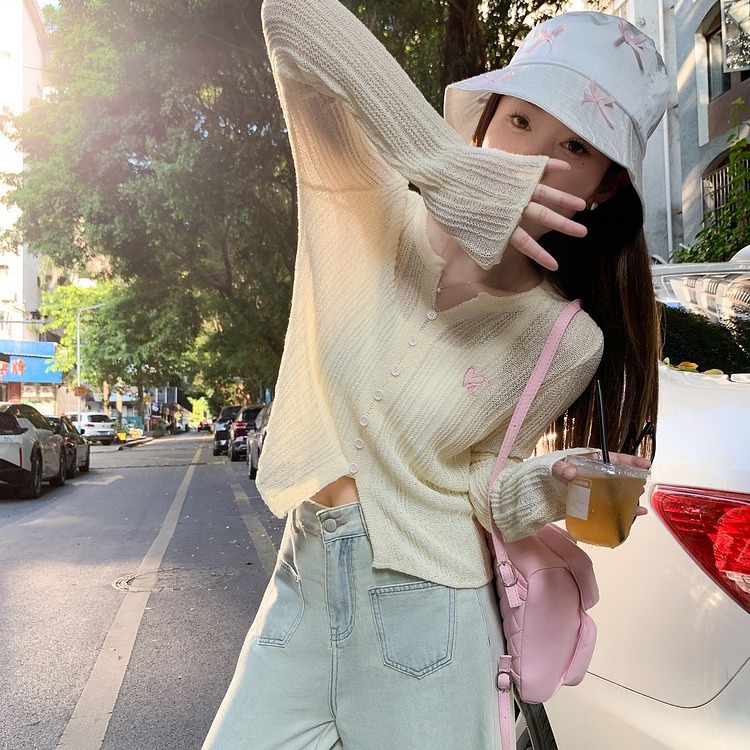Manta milk apricot and apricot color hollow sunscreen wool top for women in early spring cute sweet slightly transparent wool sweater
