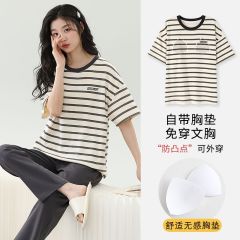 Summer tie-up imitation cotton with chest pad round neck short-sleeved trousers pajamas women's suit home clothes