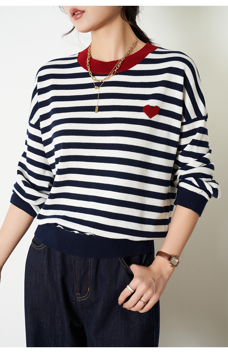 2025 spring suit new navy striped Korean sweater women's loose lazy style versatile early spring T-shirt