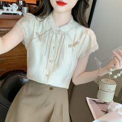 Chinese style button-up shirt for women 2025 summer new French wood ear fleece small flying sleeve shirt