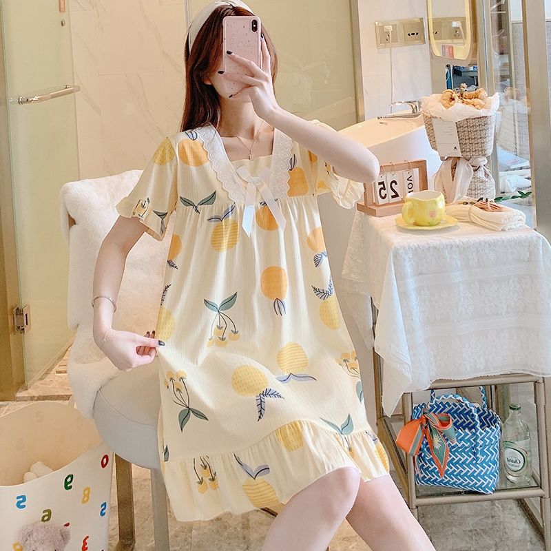 Summer milk silk pit strip lace lace square collar short-sleeved nightgown women's home clothes body dress