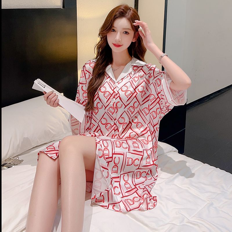Summer ice and snow silk high density lapel cardigan short-sleeved women's nightgown sensual open button skirt women