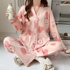Spring imitation cotton sweet V-neck cardigan long sleeve trousers pajamas women's suit casual home clothes