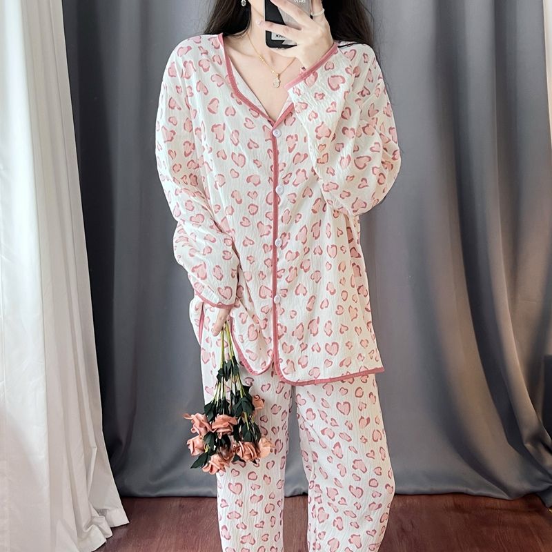 Spring and autumn ins style pajamas women long sleeves long trousers cartoon small lapel cardigan cloud cotton home clothes women's suit