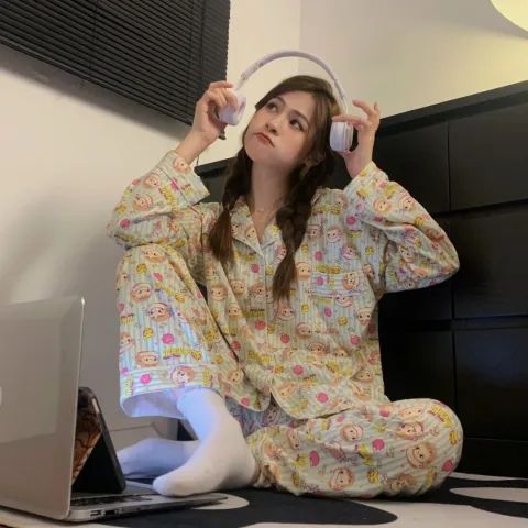 Spring and Autumn Long Sleeve Trousers Cardigan Lapel Imitation Cotton 180g Pajamas Women's Sweet Cartoon Home Clothing Women's Set