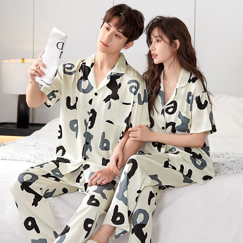 Summer ice and snow silk couple lapel cardigan shorts shorts pajamas men and women suits home clothes
