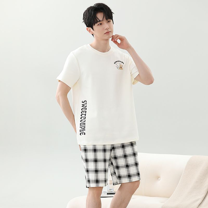 Summer imitation cotton men's round neck short sleeve shorts pajamas men's suit casual home clothes