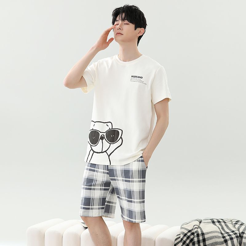 Summer imitation cotton men's round neck short sleeve shorts pajamas men's suit casual home clothes