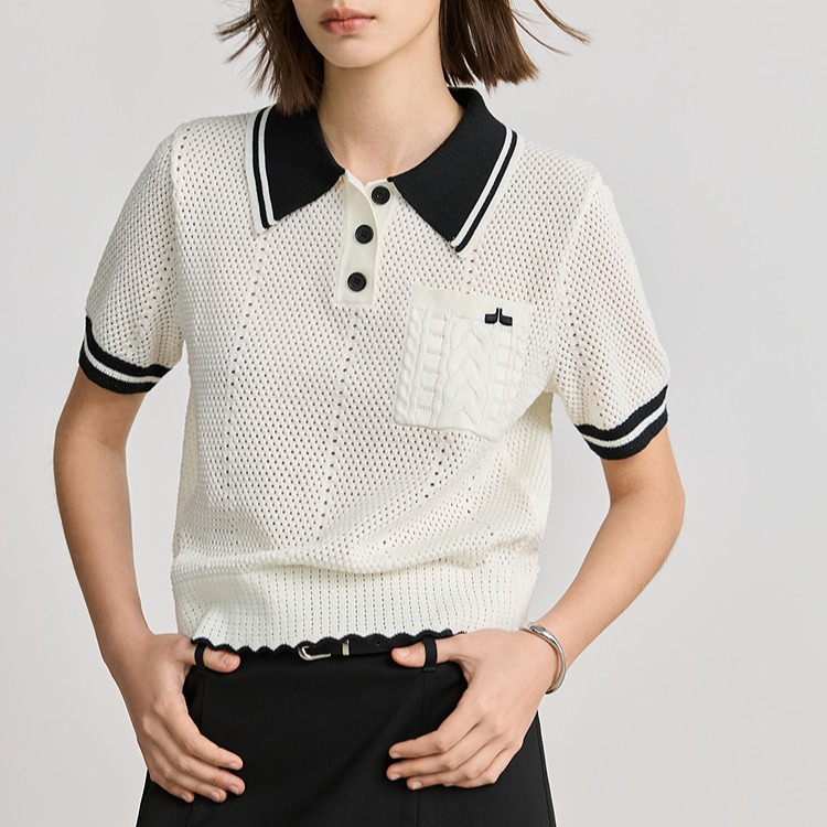 Intelligent knitting 2025 spring college style age-reducing contrast color POLO neck hollow mesh short-sleeved sweater for women