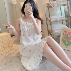 Summer cloud cotton sleeveless suspender one-shoulder nightgown women's sexy home clothes loose skirt