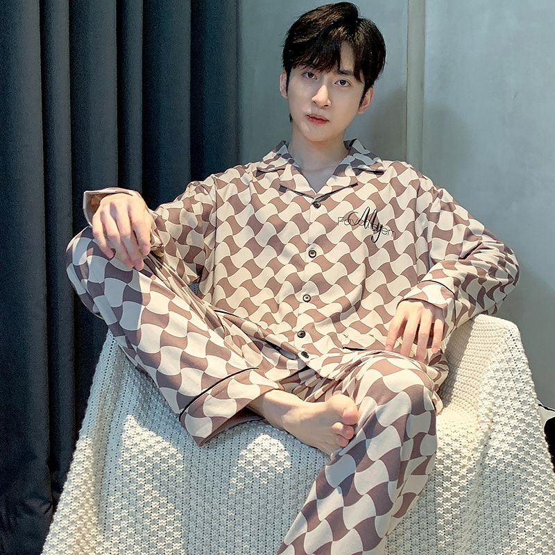 Spring and Autumn Pure Cotton Men's Lapel Cardigan Long Sleeve Pajamas Men's Set Casual Home Clothing
