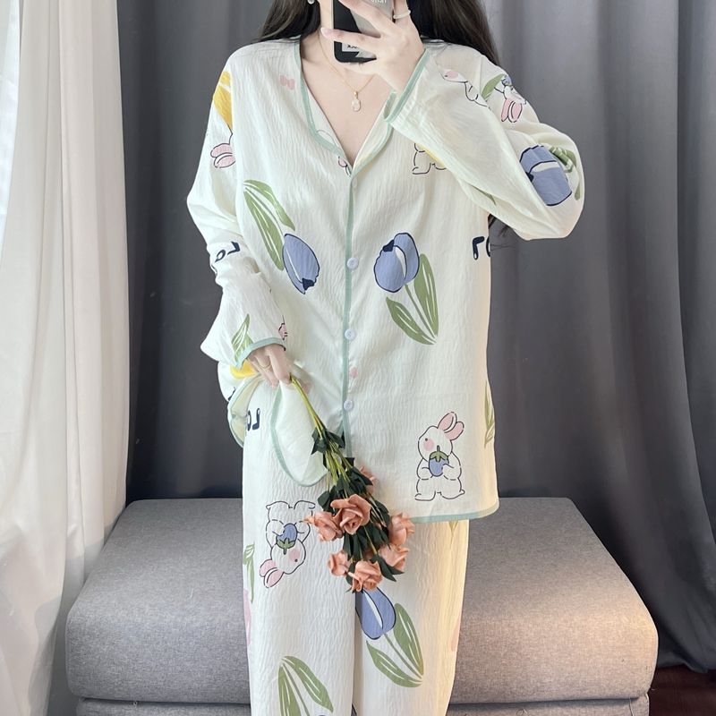 Spring and autumn ins style pajamas women long sleeves long trousers cartoon small lapel cardigan cloud cotton home clothes women's suit