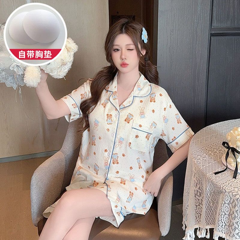 Summer cloud cotton with chest pad plus fat plus size lapel cardigan short pajamas women's suit