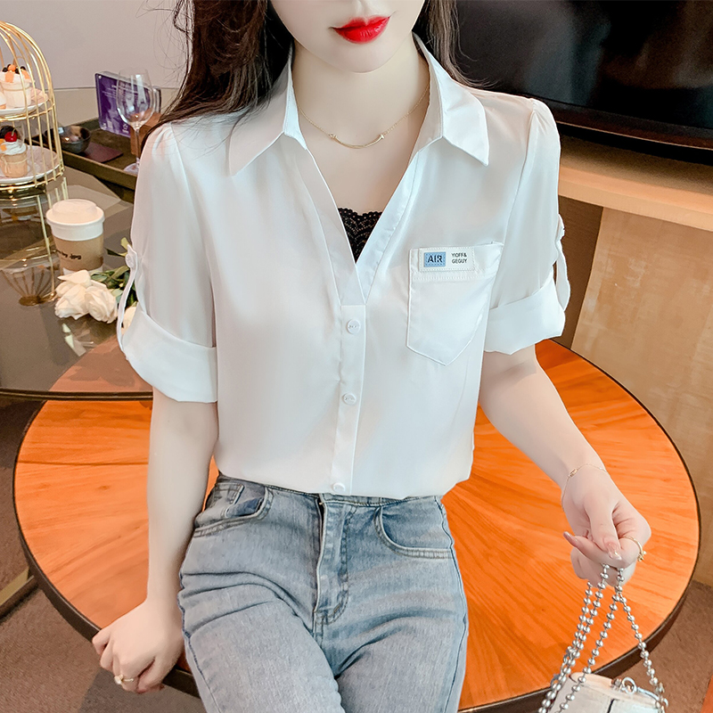 Real shot 2025 new slim V-neck and 7-quarter sleeve shirt for women lace splicing fake two-piece design shirt top