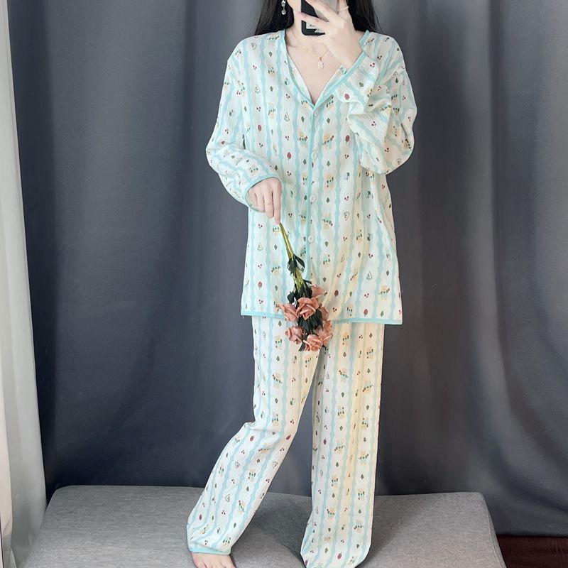 Spring and autumn ins style pajamas women long sleeves long trousers cartoon small lapel cardigan cloud cotton home clothes women's suit