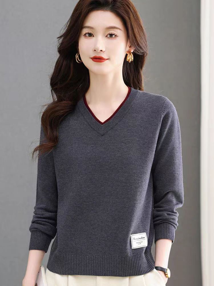 Women's spring and autumn short high-end knitted base shirt V-neck inner loose cashmere sweater
