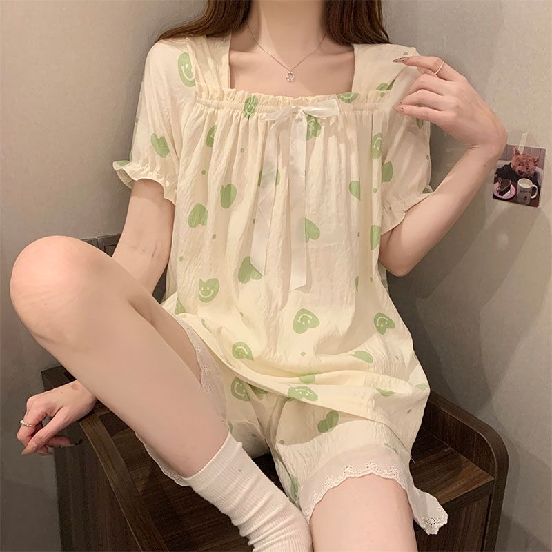 Summer cloud cotton lace lace one-shoulder short-sleeved pajamas women's suit casual home clothes
