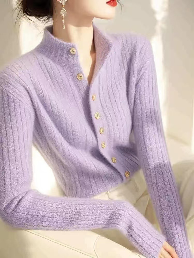 Half turtleneck knitted cardigan for women 2025 spring new high-end and super good-looking sweater base shirt