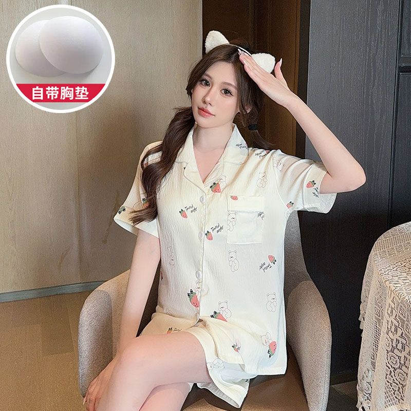 Summer cloud cotton with chest pad plus fat plus size lapel cardigan short pajamas women's suit
