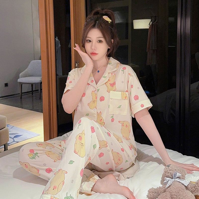 Spring imitation cotton sweet V-neck cardigan long sleeve trousers pajamas women's suit casual home clothes