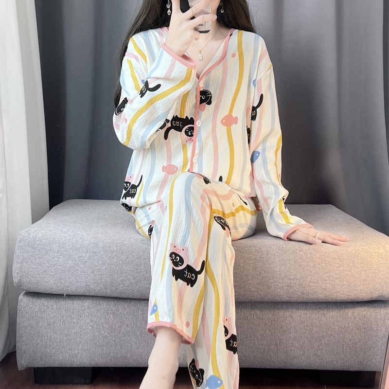 Spring and autumn ins style pajamas women long sleeves long trousers cartoon small lapel cardigan cloud cotton home clothes women's suit