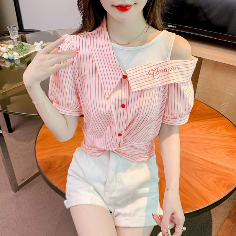 Real shot + 2025 new fake two-piece striped shirt for women's design niche summer short chic off-shoulder top