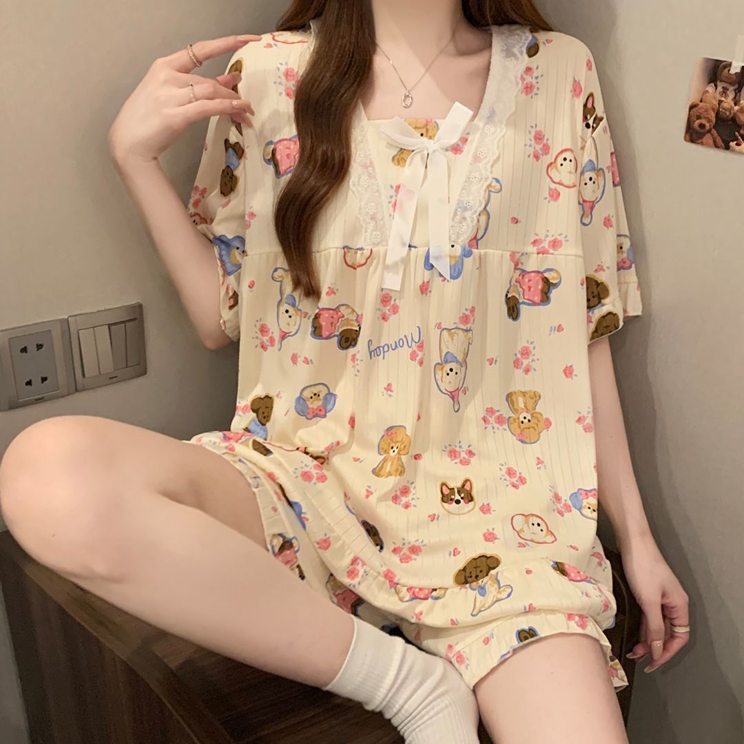 Summer milk silk pit strip lace lace square collar short-sleeved pajamas women's suit home clothes