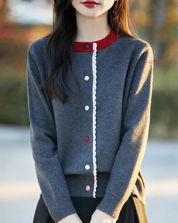 Colorful buckle knitted cardigan jacket 2025 new lace spliced ​​sweet spring top