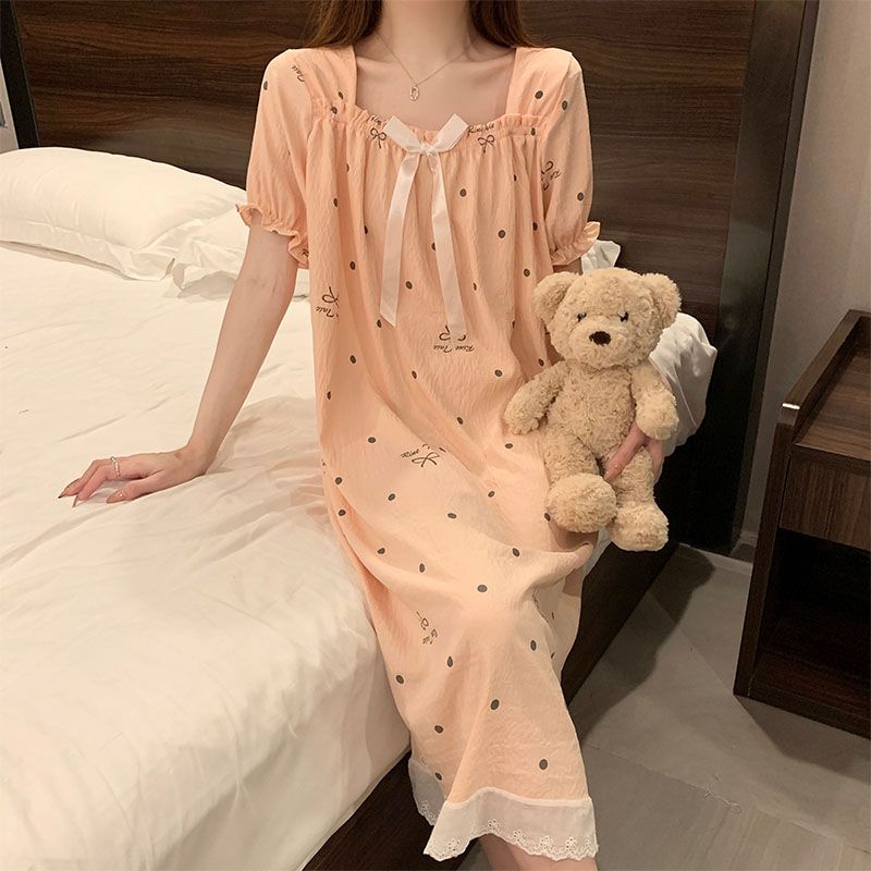 Summer cloud cotton lace lace one-shoulder short-sleeved women's nightgown loose home clothes wear outside