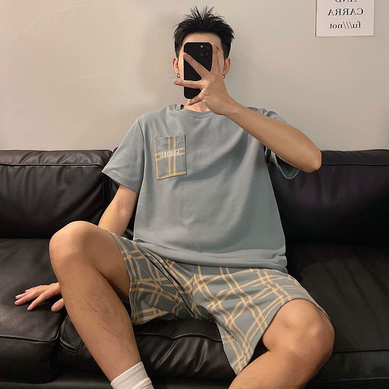 Summer imitation cotton men's round neck short sleeve shorts pajamas men's suit casual home clothes
