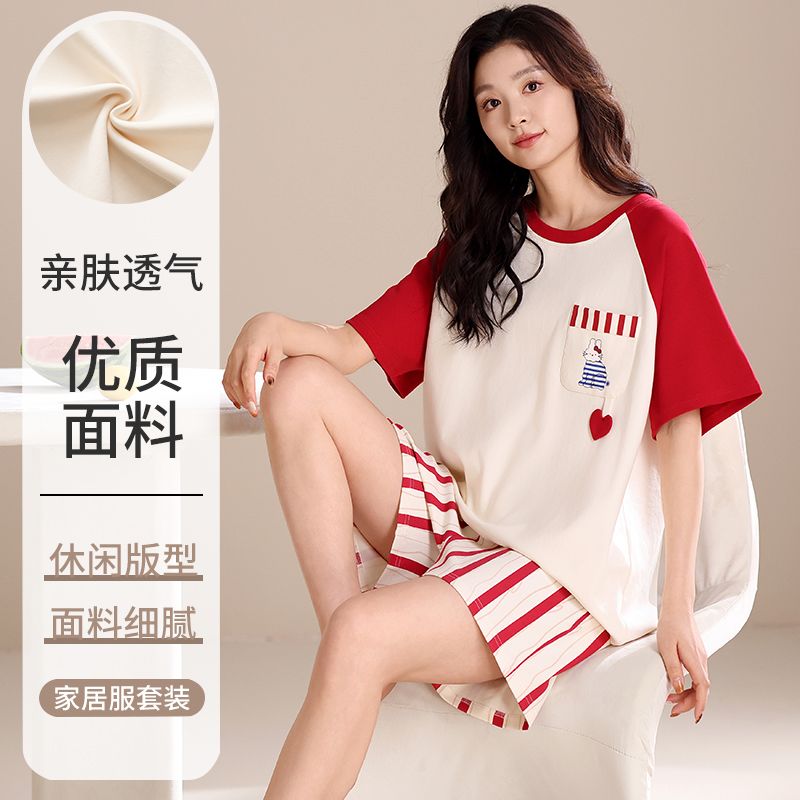 Summer pure cotton round neck short sleeve shorts pajamas women's suit casual cartoon home clothes outside wear