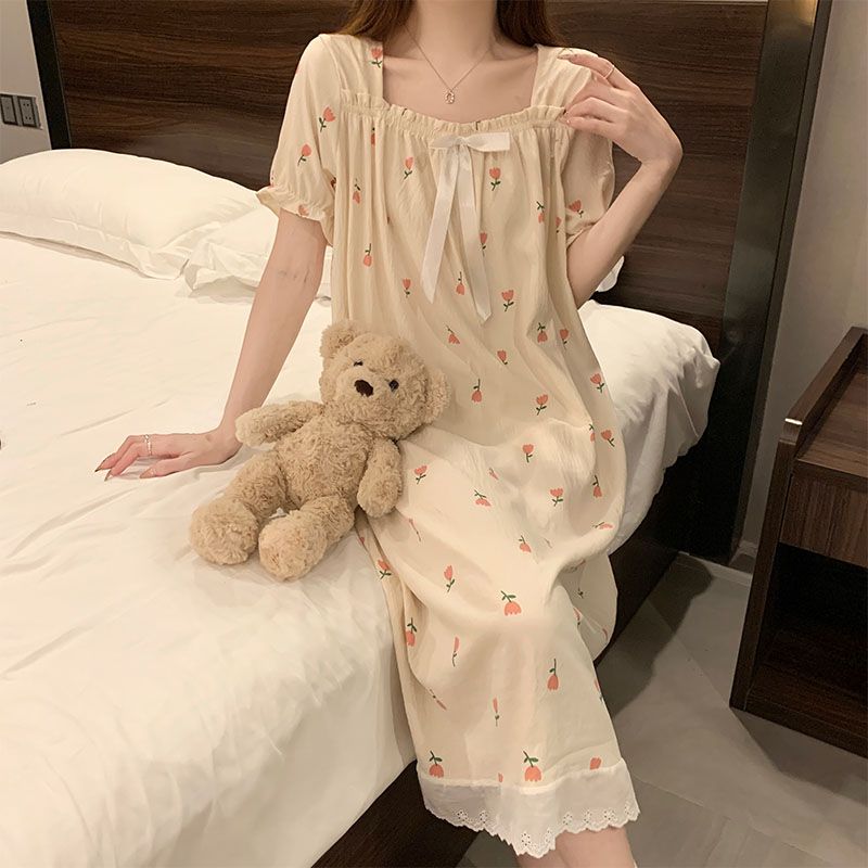 Summer cloud cotton lace lace one-shoulder short-sleeved women's nightgown loose home clothes wear outside