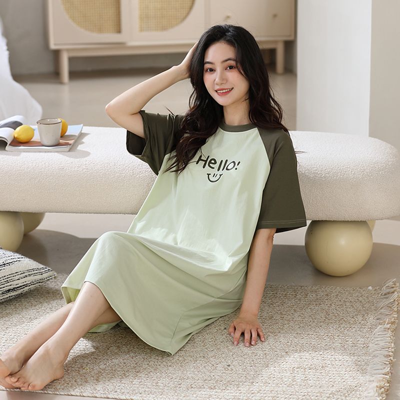 Summer pure cotton round neck short-sleeved nightgown for women casual home clothes wearing loose skirt Korean style