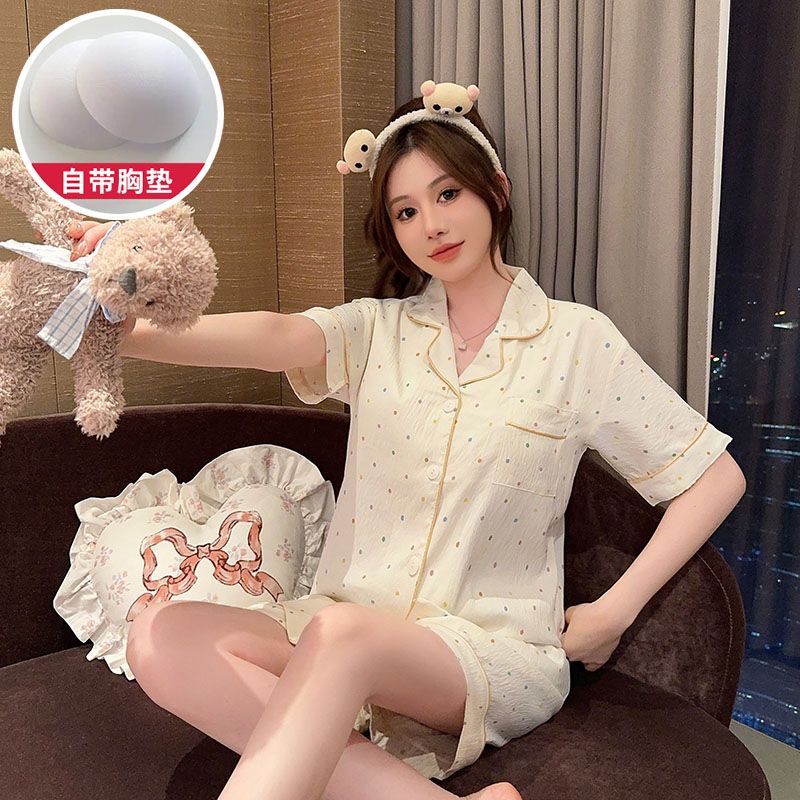 Summer cloud cotton with chest pad plus fat plus size lapel cardigan short pajamas women's suit