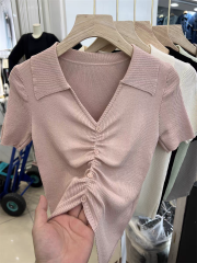 New summer hot girl design sense solid color lapel pleated slim fit short-sleeved T-shirt top trendy