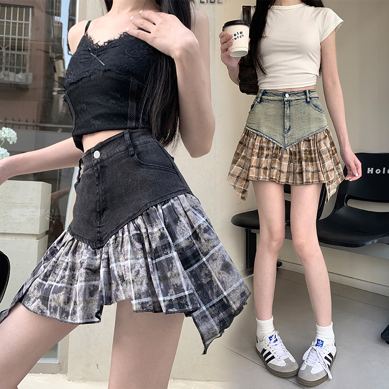 Real-life design sense denim splicing irregular plaid skirt high waist A-line short skirt for women